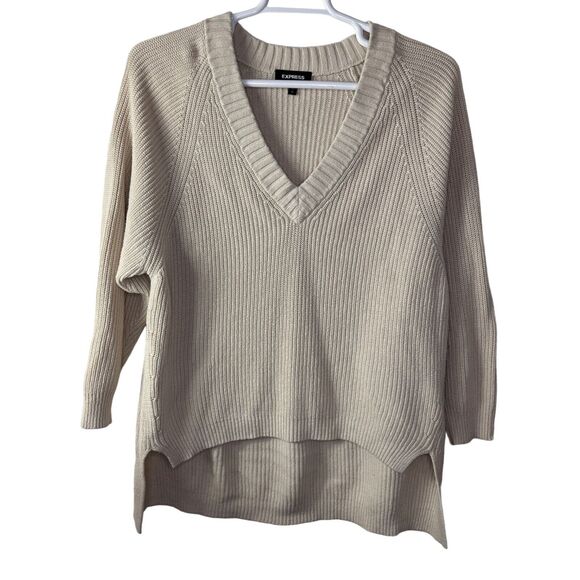 Express Women's Small Sweater V Neck Oversized Ribbed Cream Knit Cotton Blend - Picture 1 of 7